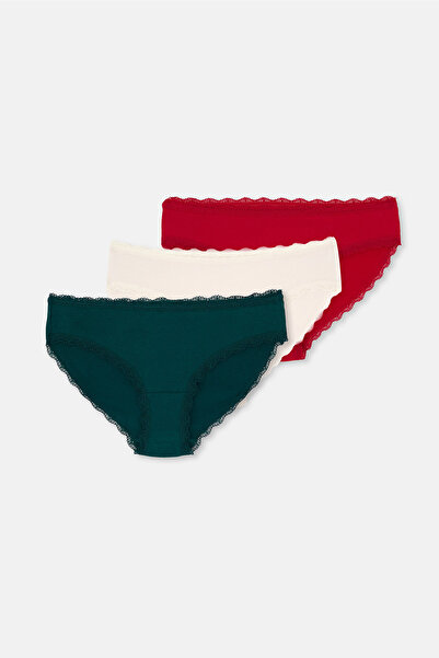 Dagi Red-Green Women's 3-Piece Patterned Brazilian Panties
