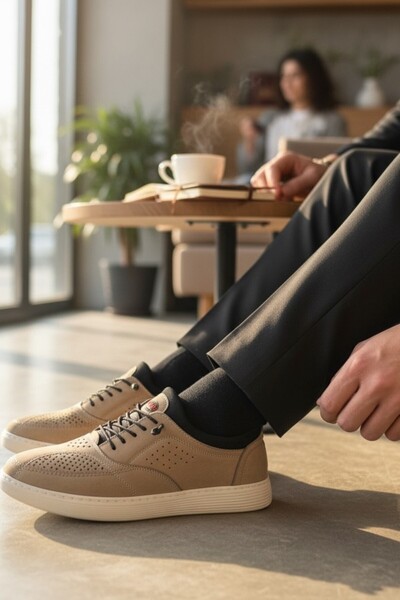 enoch حذاء رياضي رجالي من الجلد الطبيعي مخيط بالليزر ونعل طبي