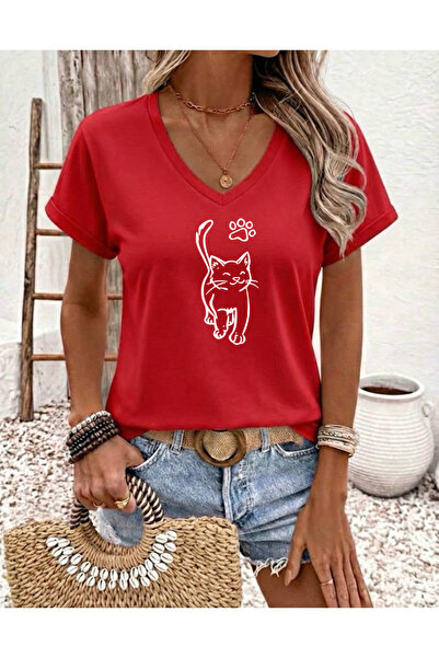 FUFLUNS Paw Cat Printed Women's Oversized V-Neck T-Shirt