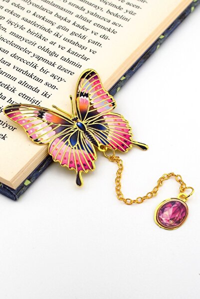 Solfera Marcator de carte din metal de culoare auriu-fluture în culori roz vi...