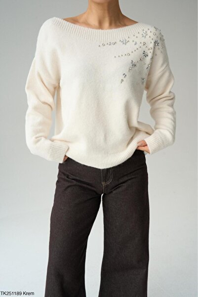 CADDELAMODA Women's Boat Neck Shoulder Stone Detailed Sweater