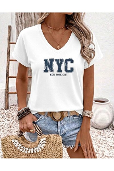 FUFLUNS Nyc New York City Printed Women's Oversized V-Neck T-Shirt