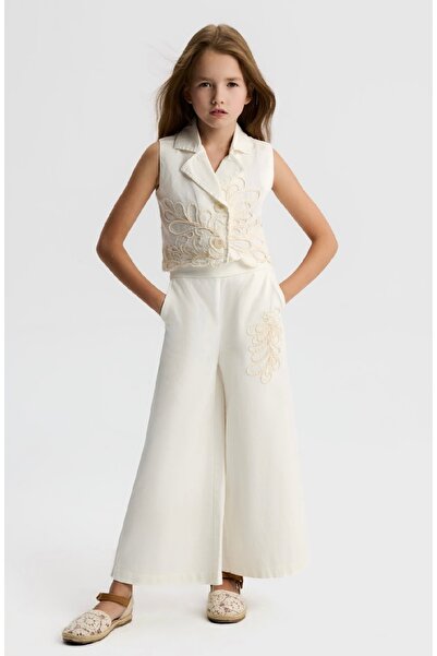 nk kids Limi̇ Girl's Soft Texture Embroidered Detailed Vest and Loose Pants 2...