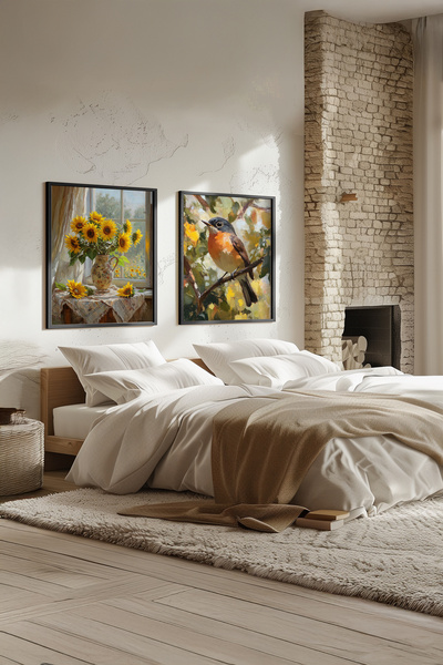 STARYUNA Set de tablouri duble cu rame din lemn negru, cu figuri de floarea-s...