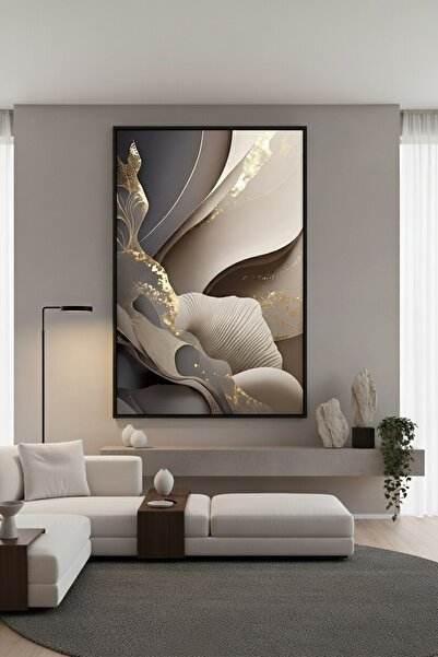 hollywest Altın & Kahve Tonlarında Soyut Kıvrımlı Duvar Sanatı | Modern Çerçe...
