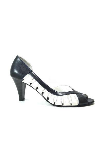 Onlo Ayakkabı 1108 Genuine Leather Navy Blue Short Thick Heeled Women's Shoes