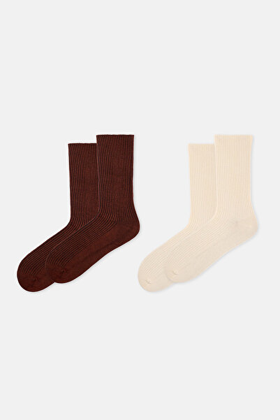 Dagi Brown-Cream Women's 2-Piece Rib Bamboo Socks