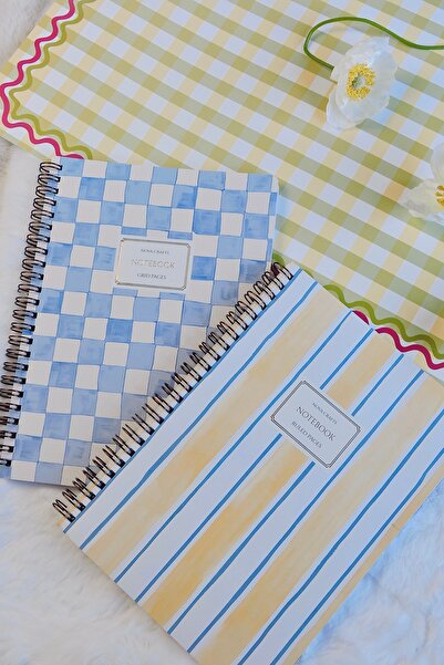 Nova Crafts Lemon Yellow / Blue - Striped / Checkered 2 Pieces A5 Spiral Scho...