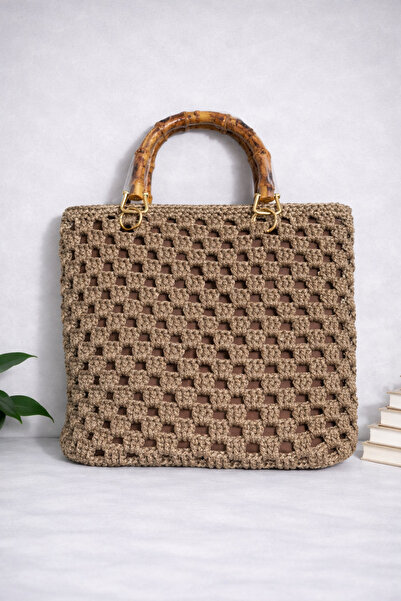 BY AKTEPE STORE El Yapımı Hasır Görünümlü Deri Tabanlı Örgü Kadın El Çantası ...