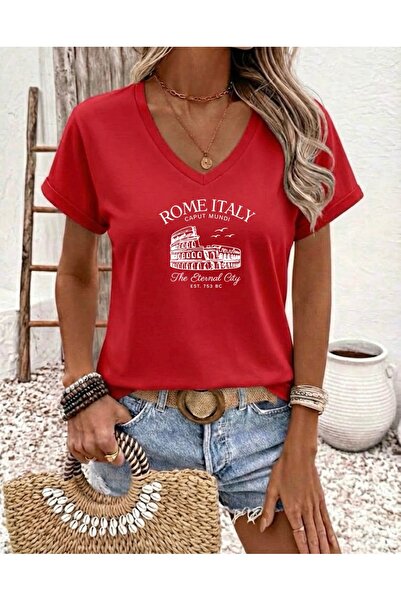FUFLUNS تي شيرت نسائي كبير الحجم برقبة على شكل حرف V مطبوع عليه ROME ITALY