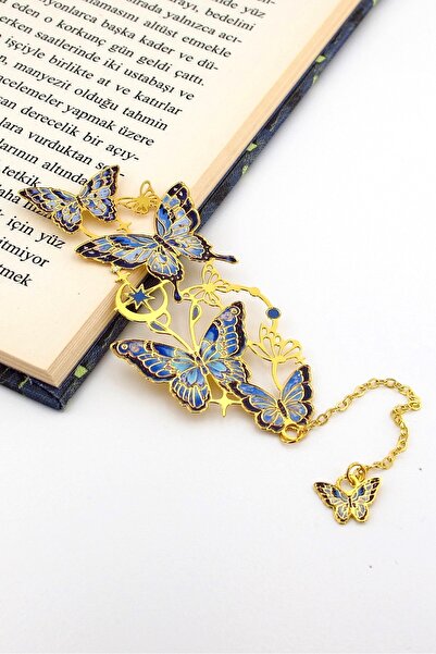 Solfera Semn de carte metalic de culoare aurie cu fluturi în tonuri albastre,...