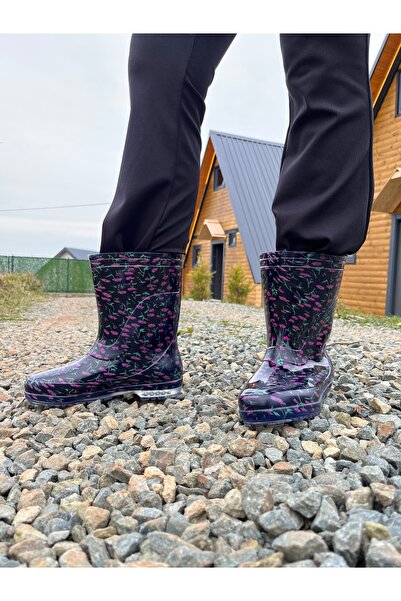 Botland Women's Colorful Patterned Waterproof Non-Slip Sole Plastic Boots