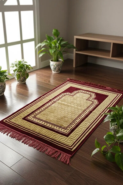 LUGMO Covoraș de rugăciune din catifea cu ciucuri, roșu claret