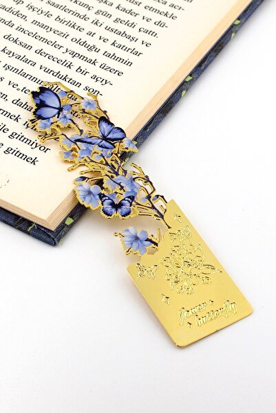 Solfera Semn de carte metalic de culoare aurie cu flori și fluturi Mavşi AY105