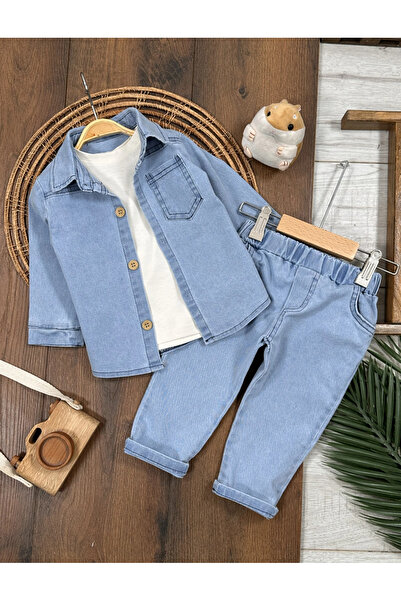Bolly Baby Likralı Kot Önden Düğmeli Kısa Kol Badili 3lü Kot Erkek Bebek/Çocu...