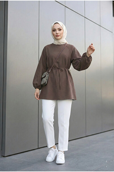 MODAQU Tencel Fabric Balloon Sleeve Tunic - Light Brown