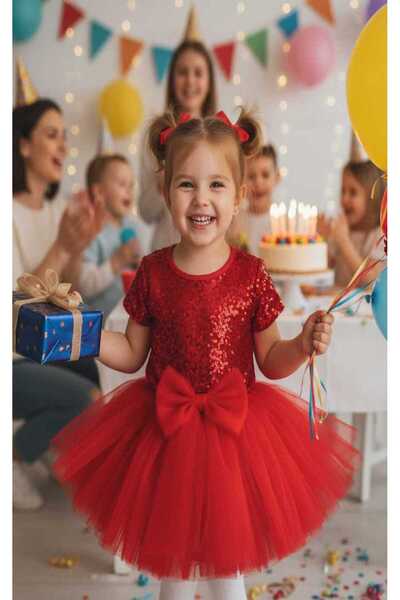 punicha Girl's Bow Detailed Fluffy Birthday Special Day Tutu Skirt (Red)