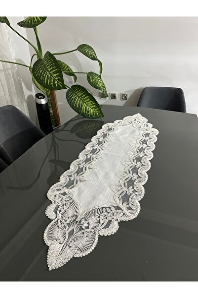 BRL ÇEYİZ HOME Γαλλικό δαντελωτό λινό ράνερ Gardenya Luxury με κορδόνια