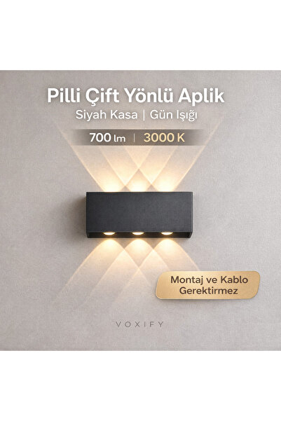 Voxify Mercekli Pilli Çift Yönlü Siyah Duvar Aydınlatma Dekorasyon Aplik Kori...