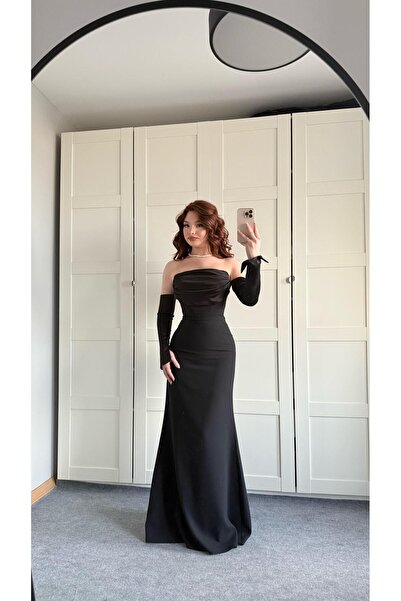 AYŞENUR DİNÇER Alya Saten Kollu Abiye Siyah