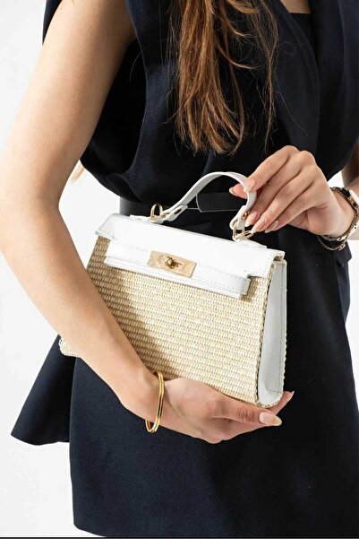 ÖZÜM TAKI Women's Straw Long Strap Hand and Shoulder Bag White