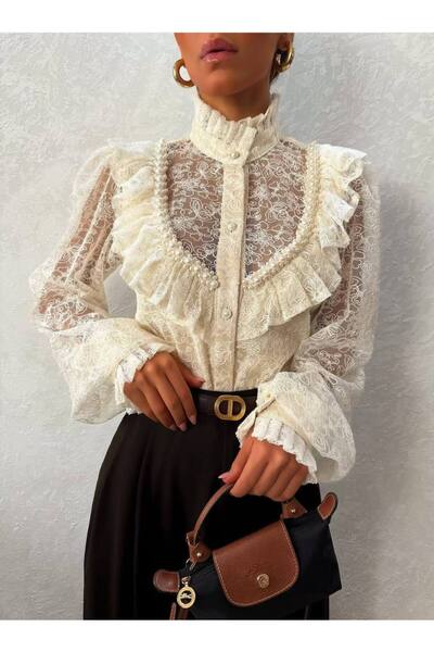 Julidress Vintage Pearl Embroidery Detailed Premium Design Lace Shirt