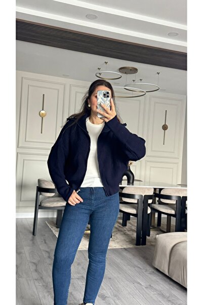 Nurgül Dilemen Lacivert Devrik Yaka Fermuarlı Triko Hırka