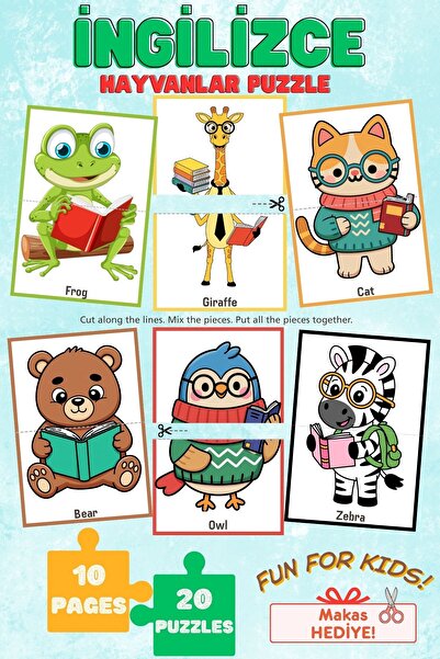 Anonim Yayıncılık İngilizce Hayvanlar Puzzle Oyunu Kes-Birleştir Etkinliği