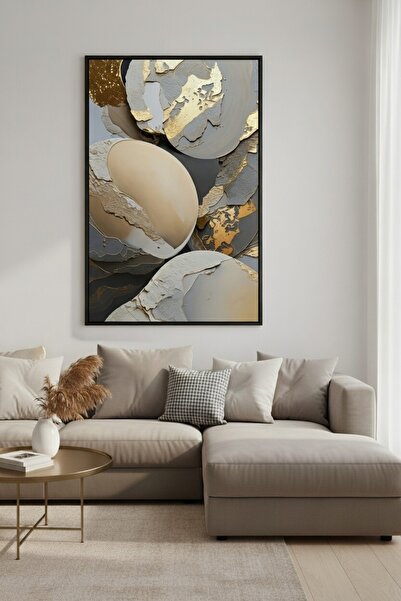 hollywest Bej & Altın Detaylı Lüks Organik Formlu Duvar Sanatı | Modern Çerçe...