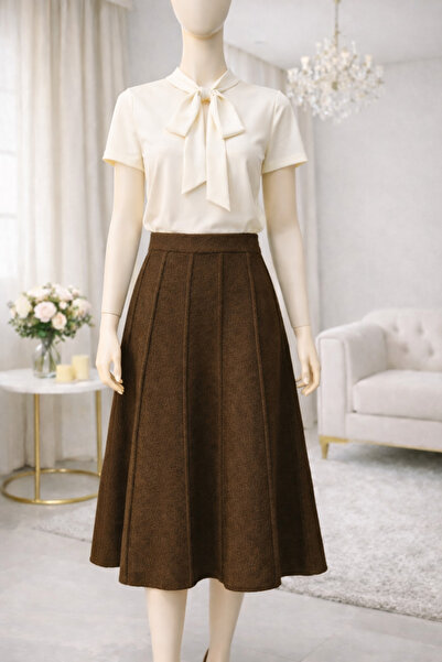 arslan triko Kahverengi Midi Boy Kadın Etek