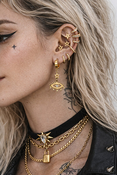 Çelik Altın Renk Göz Figürlü Yıldız Detaylı Sallantılı Küpe