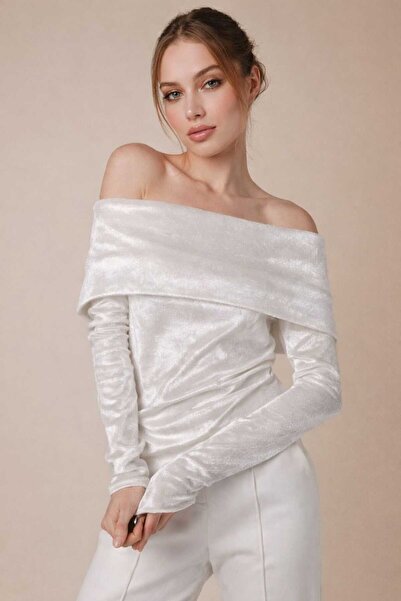 Cherry Lane Pearl White Velvet Stretchy Madonna Collar Blouse