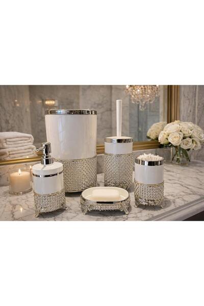 GLORİNDA HOME Luxury 5-Piece White Color Silver Design Stylish Cage Model Toothbrush, Liquid and Hand Soap Dispenser Etc. Bathroom Set