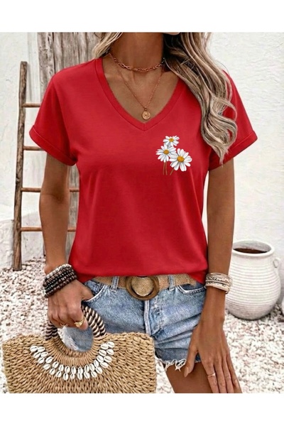 FUFLUNS تي شيرت نسائي كبير الحجم برقبة على شكل حرف V مطبوع عليه زهور الأقحوان