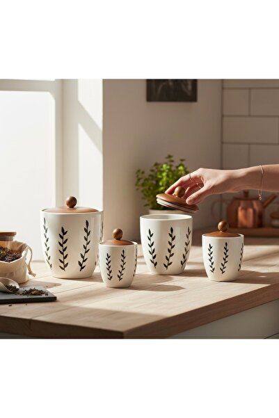 Generic 4-piece white ceramic spice jar set with wooden lid