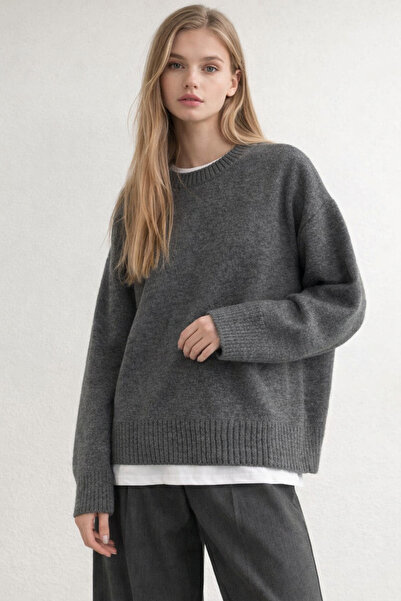 KAREL BUTİK Γυναικείο πουλόβερ από πλεκτό ύφασμα Anthracite Oversize Crew Neck
