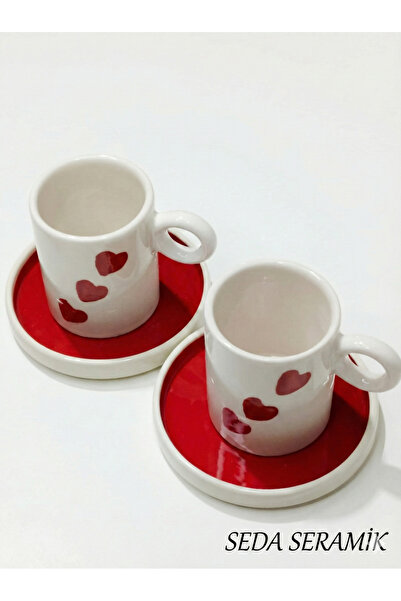 seda seramik Handmade Heart Patterned 4-Piece Coffee Cup Set for 2 People 90 Ml.