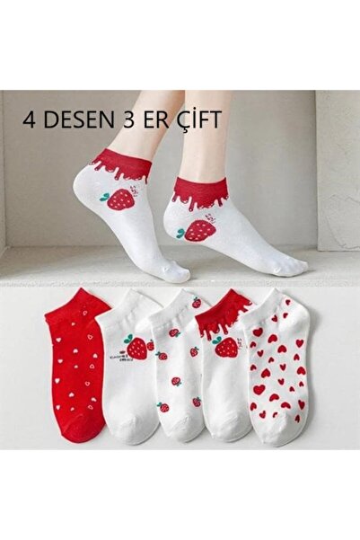 EfemİcGiyim Cotton Strawberry Patterned Mixed Color Booties Socks 12 Pack 4 P...