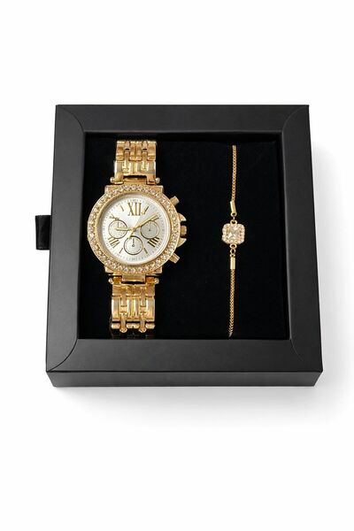 SEES AKSESUAR Gold Kadın Metal Kol Saati & Taş Detaylı Bileklik Hediye Seti