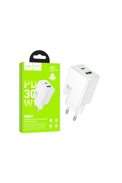 Hoco Power Adapter, (PD30W+QC3.0) 5V, 3A, 1xUSB-C, 1xUSB, Fast, WHITE