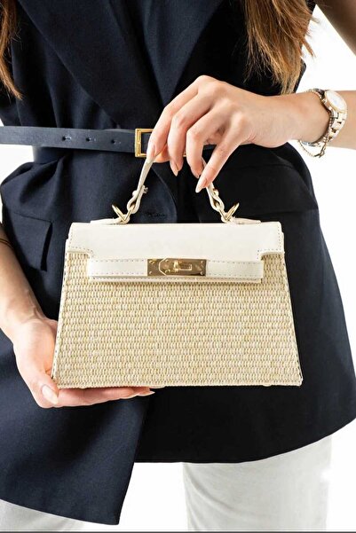 ÖZÜM TAKI Women's Straw Long Strap Handbag and Shoulder Bag Cream