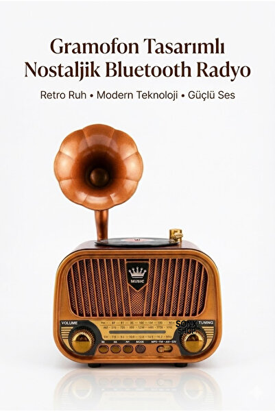 sonx Gramofon Tasarımlı Nostaljik Bluetooth Radyo Hoparlör – FM/AM/SW USB AUX...