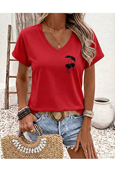 FUFLUNS Melting Cherry Printed Women's Oversize V-Neck T-Shirt