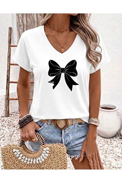FUFLUNS Black Ribbon Printed Women's Oversize V-Neck T-Shirt