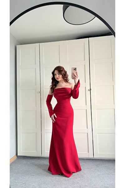 AYŞENUR DİNÇER Alya Saten Kollu Abiye Kırmızı
