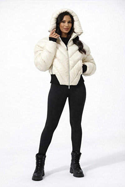 ElieAtelier Kadın Kapüşonlu Parlak Şişme Mont Oversize Kışlık Premium Puffy C...