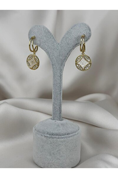 ZS Aksesuar Gold Color Stone Detailed Oval Special Design Dangle Earrings