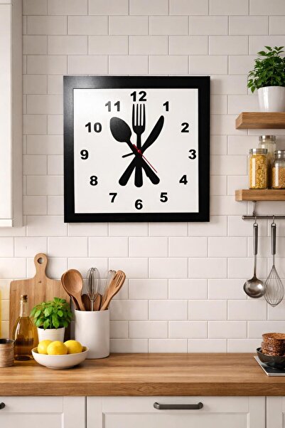 Runc Design Mutfak Dekorasyonu İçin Şık Tasarım Kare Duvar Saati - Gurme Seri...