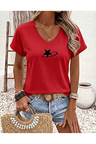 FUFLUNS تي شيرت نسائي كبير الحجم بياقة على شكل حرف V مطبوع عليه نجمة