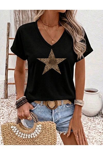 FUFLUNS Leopard Star Printed Women's Oversize V-Neck T-Shirt